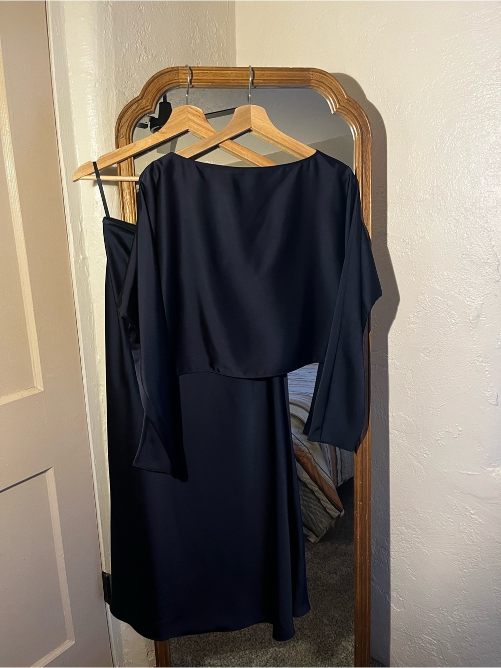 Antonio Melani Navy Long Sleeve Satin-like Midi Two-Piece Set